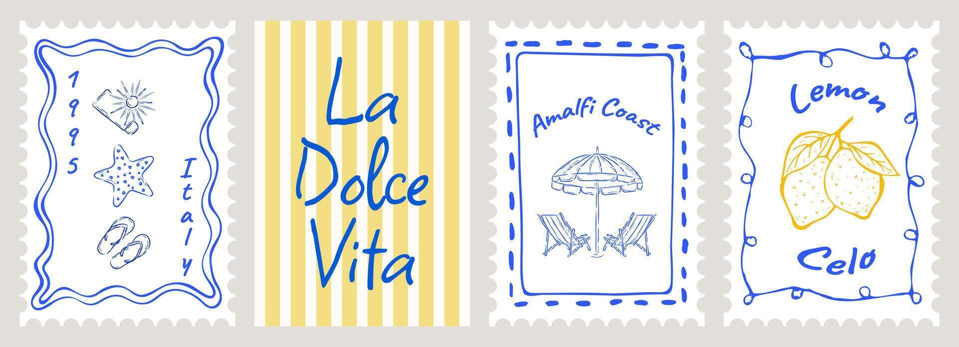 Vintage Italian Stamp Summer Postcard Set with Drawing Lemon, Doodle Frame or Border, Retro Lettering, Travel Amalfi Landscape, Hand Drawn Summer Element. Italy Engraving Placard, Poster, Card. vector