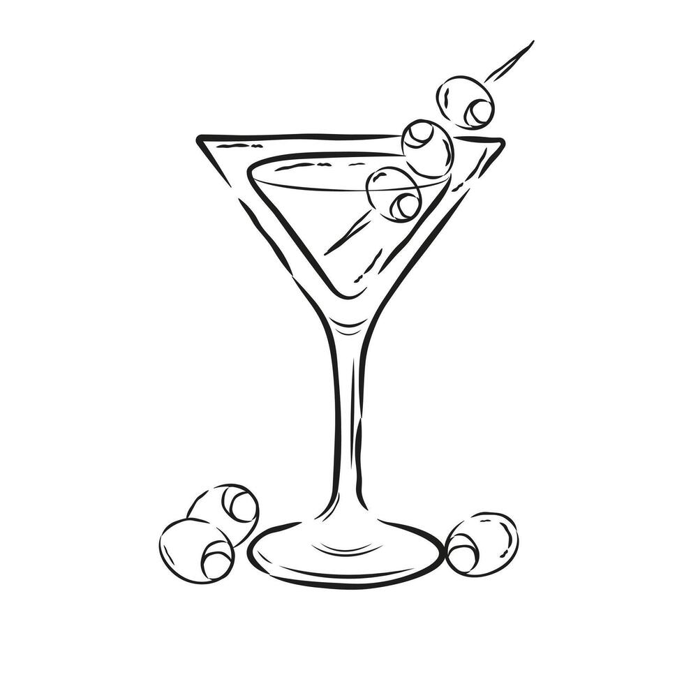 Dirty Martini Cocktail Drink Sketch Illustration Isolated on white Background. Doodle Drawing Martini with Olive Perfect for Menu, Restaurant, Banner, Poster, Party, Festival, Bar, Drink Recipe vector