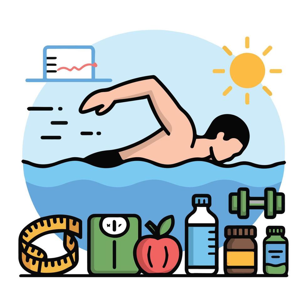 Healthy Lifestyle and Fitness Concept with Swimming, Nutrition, Supplements, vector