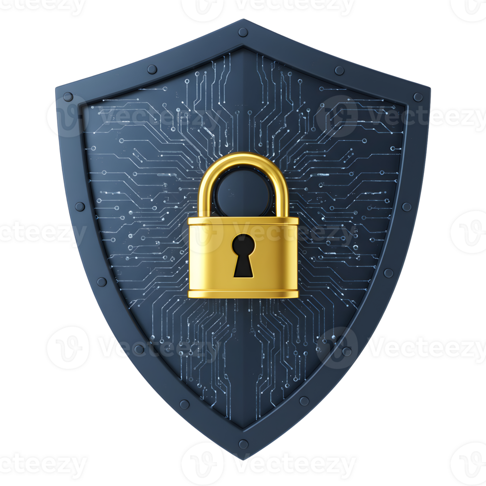 Dark Blue Metal Shield with Gold Padlock and Circuit Pattern png