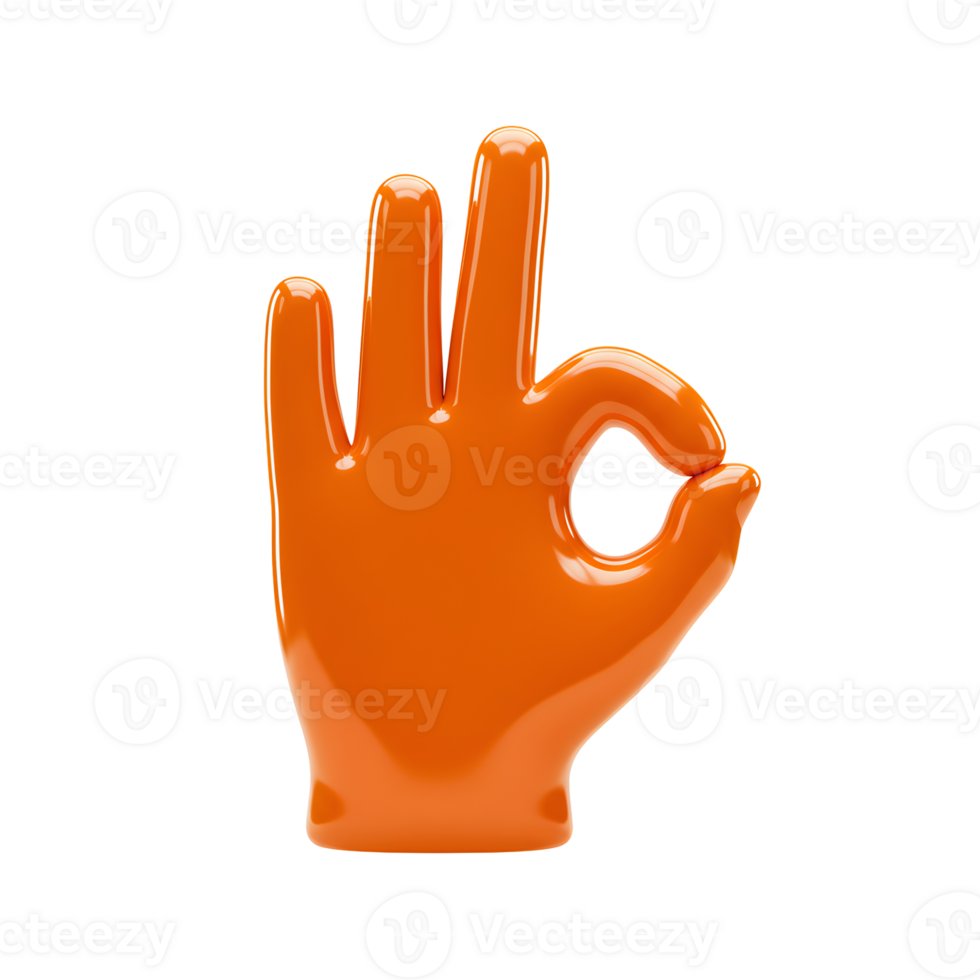 3D Render of Orange Glossy Hand Forming Okay Gesture on Transparent Background png