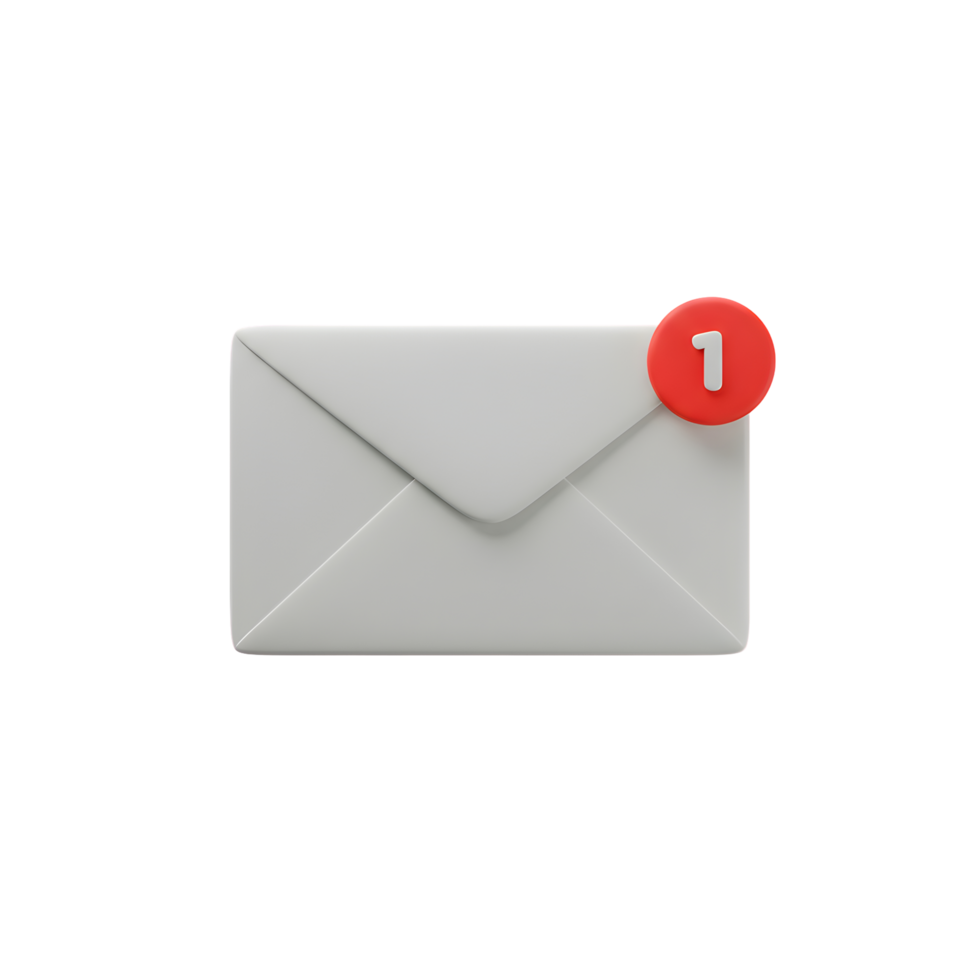 White 3D Render of an Email Notification Icon with Red One Digit png