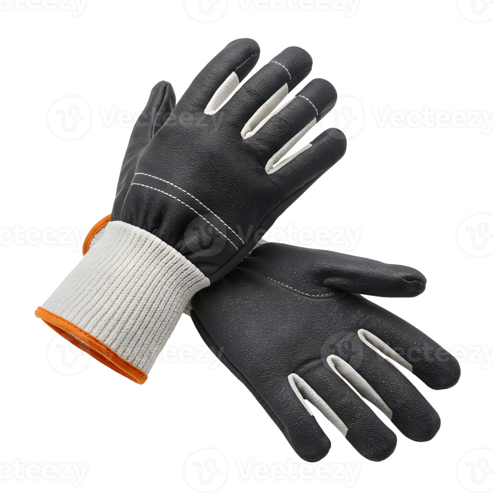 Black And White Work Gloves With Orange Cuffs On Transparent Background png