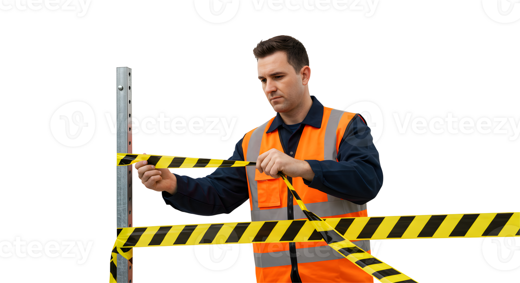 Construction Worker Securing Yellow and Black Caution Tape png