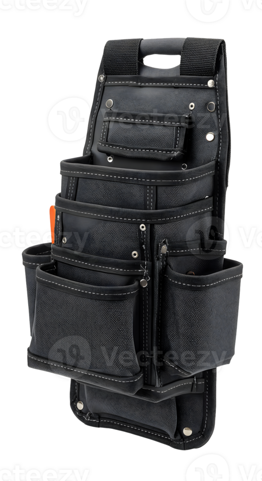 Black Tool Bag with Multiple Pockets and Orange Accents png