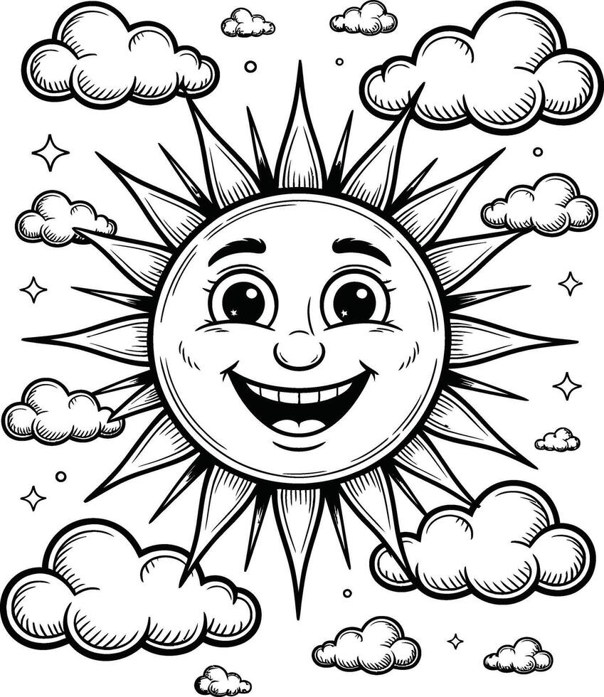 Smiling sun with clouds and stars in a black and white hand drawn illustration vector