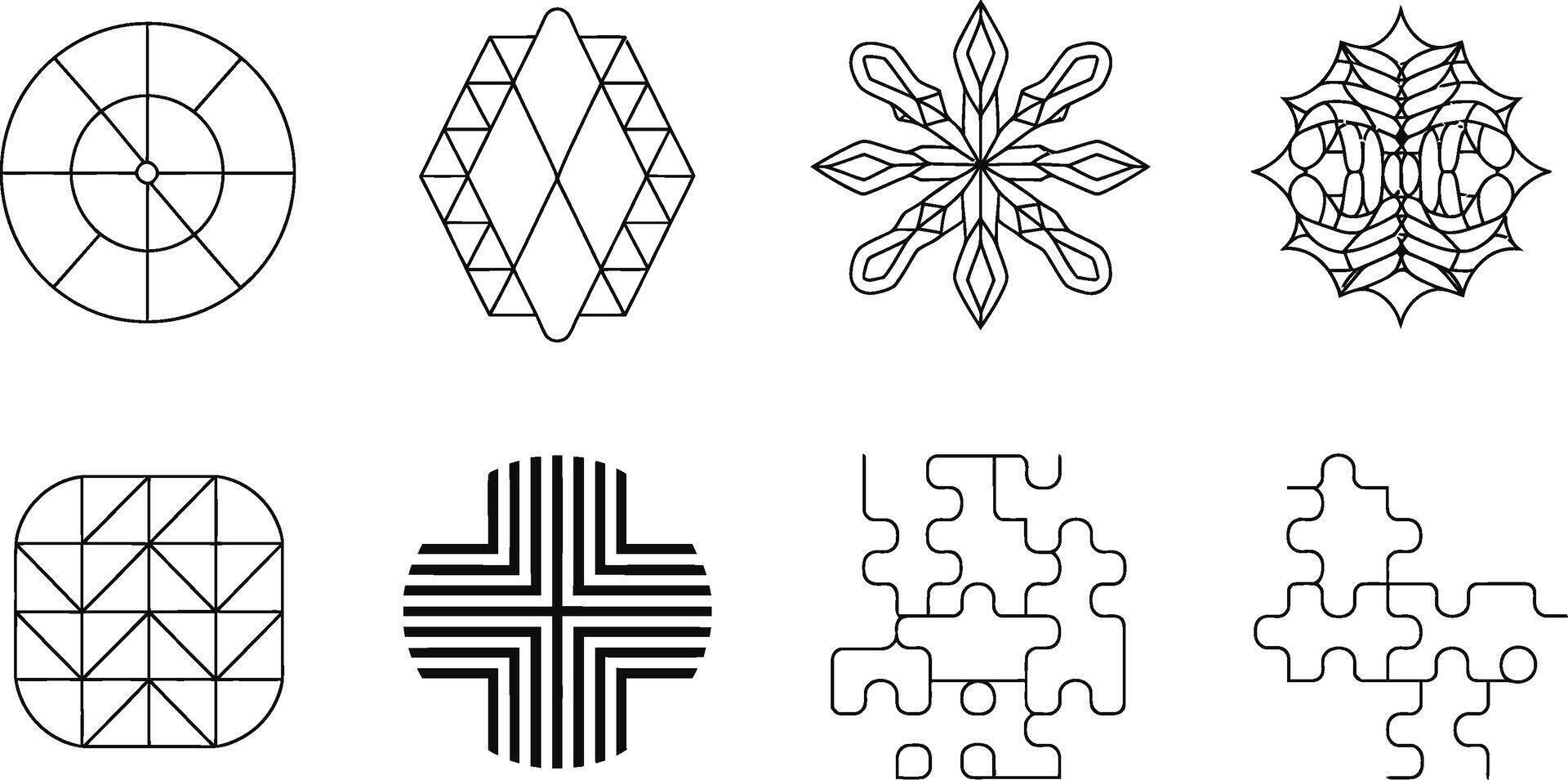 Collection of eight abstract decorative geometric shapes in simple black and white outline designs vector