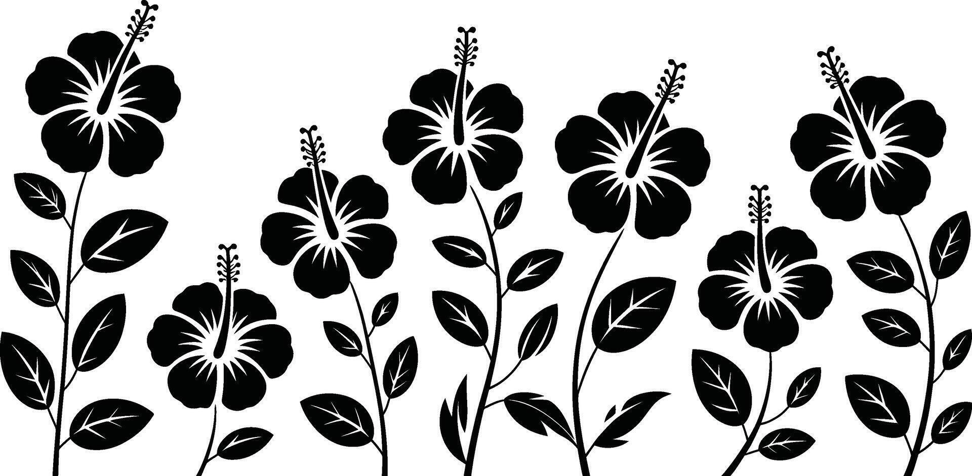 Black and white hawaiian hibiscus flowers with leaves arranged as a seamless floral design vector