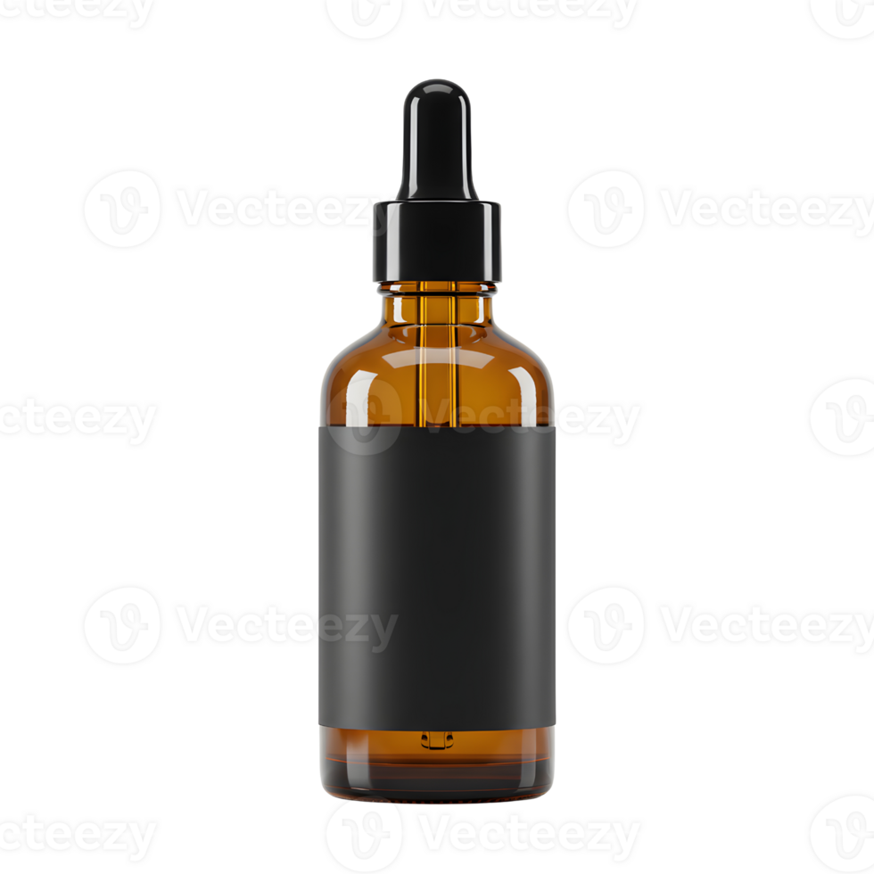 Amber Glass Dropper Bottle with Black Label on Transparent Background png