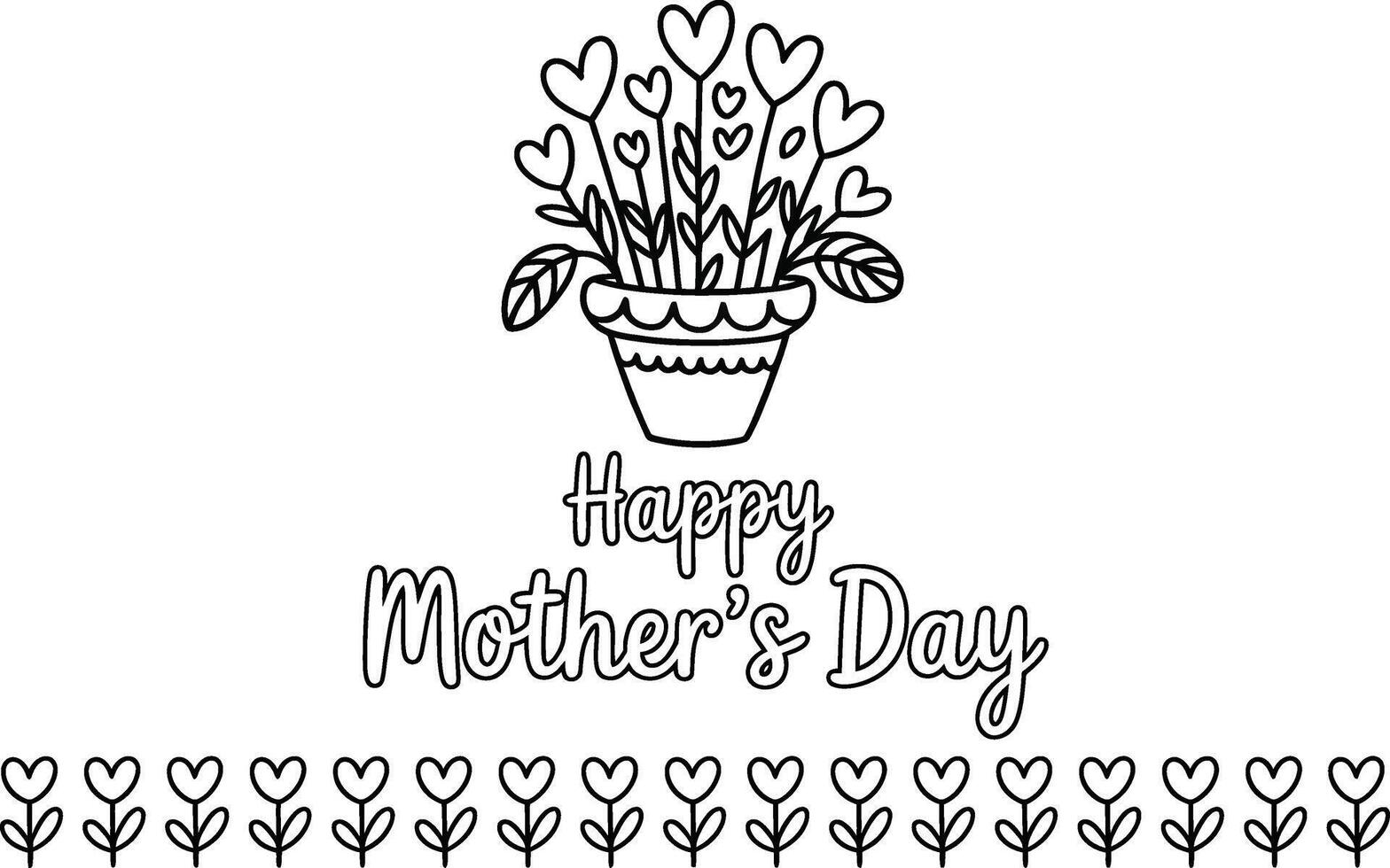Happy Mother's Day A lovely Mother's Day colouring page with a potted plant with heart-shaped flowers and the words Happy Mother's Day. vector