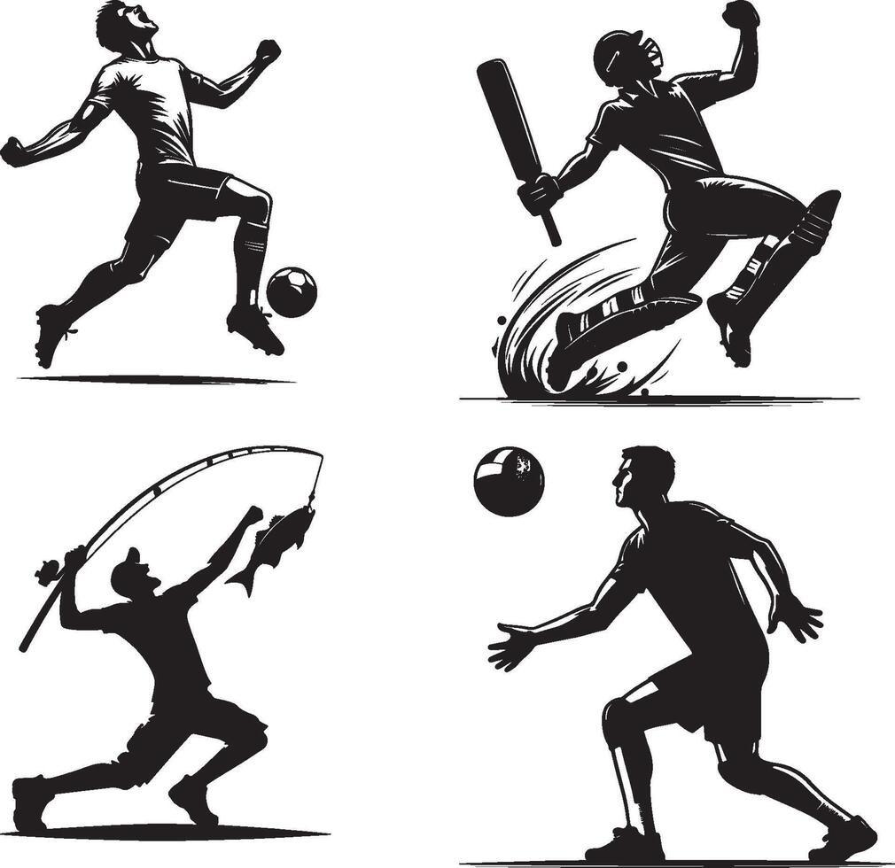 Black and white illustration of four different sports and activities scenes vector