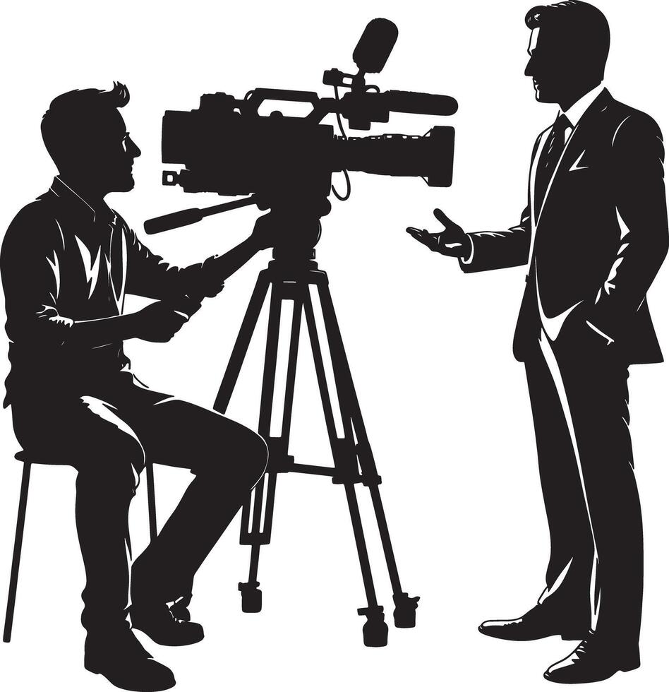 Silhouette of a cameraman filming an interview with a man in a suit on a white background vector