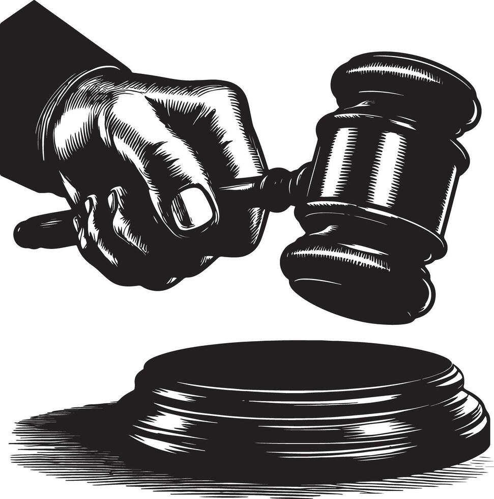 A hand holding a gavel above a sounding block in black and white illustration vector