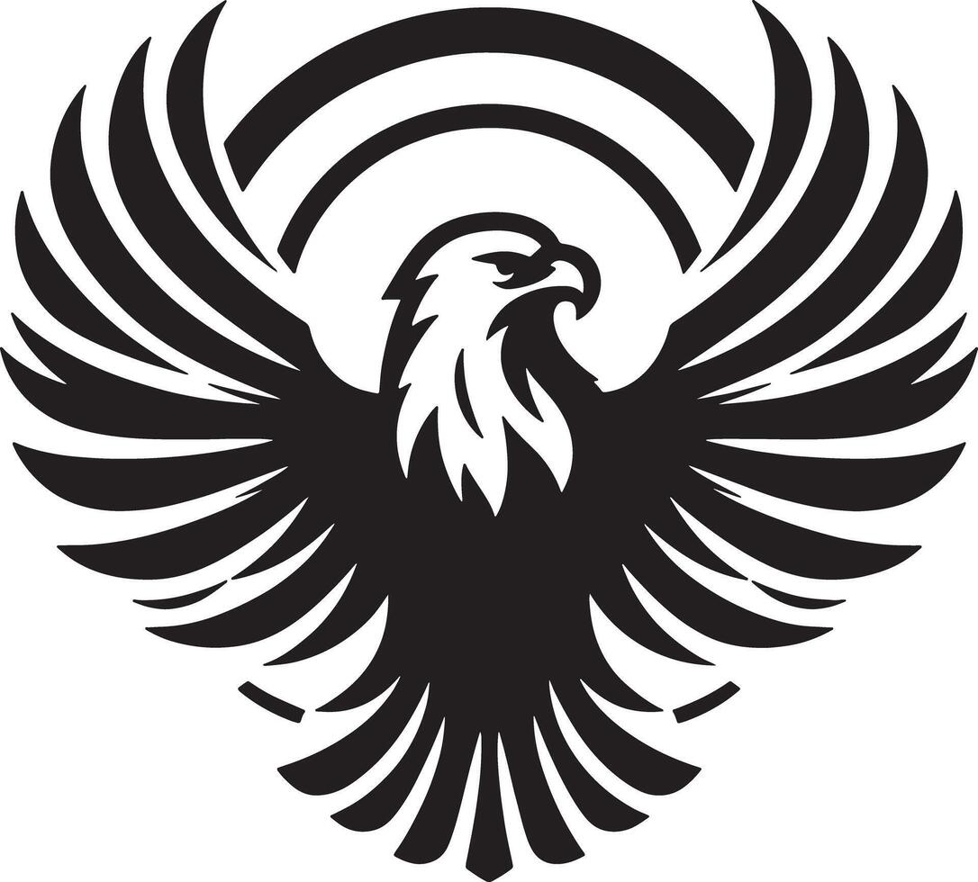 A stylized black and white eagle logo with wings spread and circular halo design vector