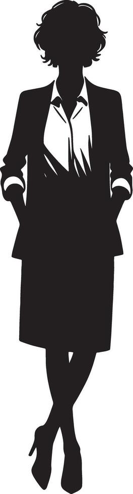 Silhouette of a woman in a suit with hands in pockets against a white background vector