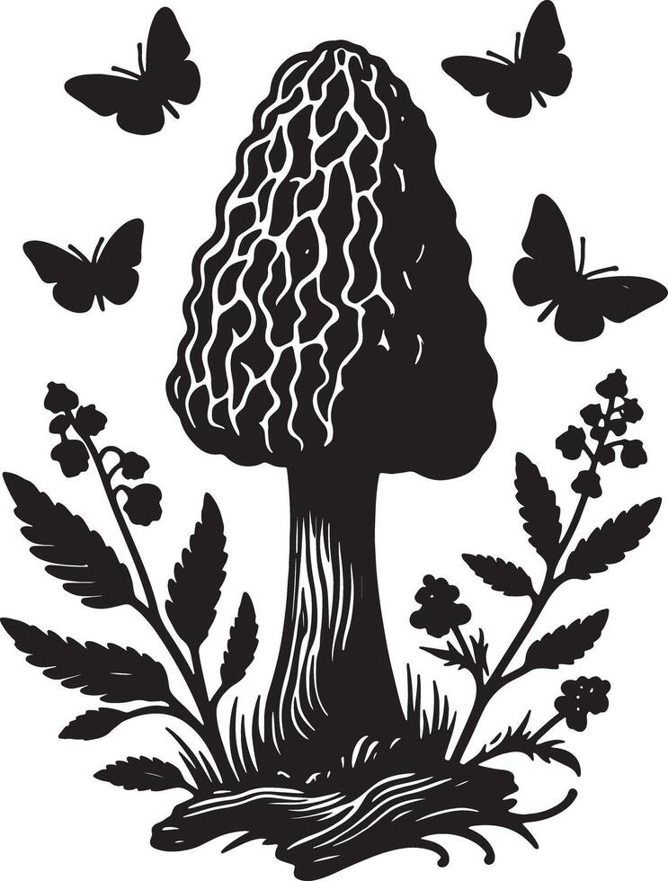 A black and white illustration of a morel mushroom with butterflies and foliage vector