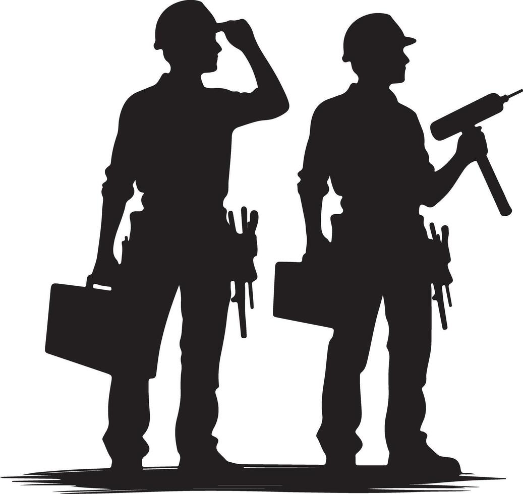 Silhouette of two construction workers with tools and hard hats on a white background vector