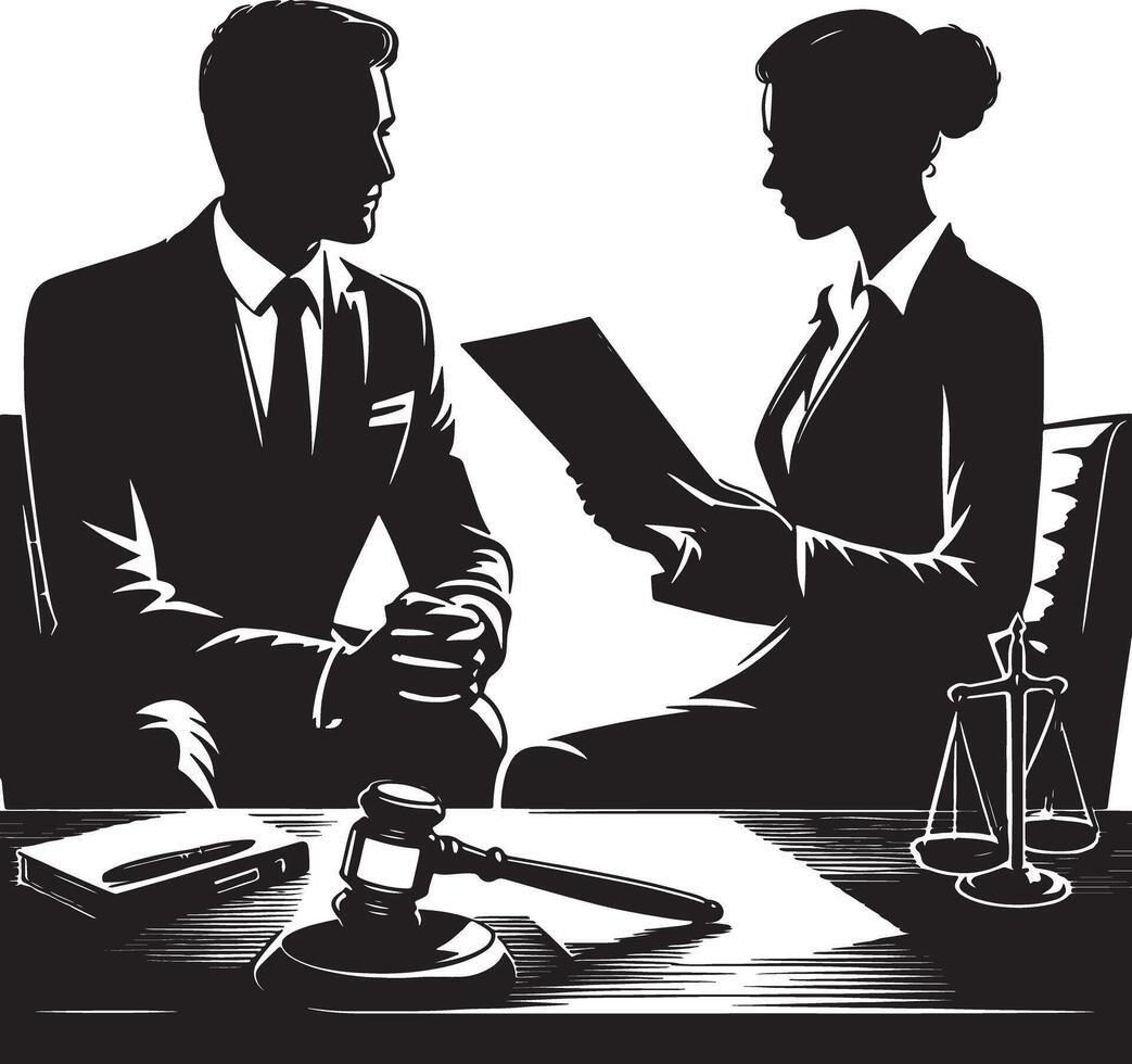 Silhouette of man and woman in suits discussing legal documents with gavel present vector