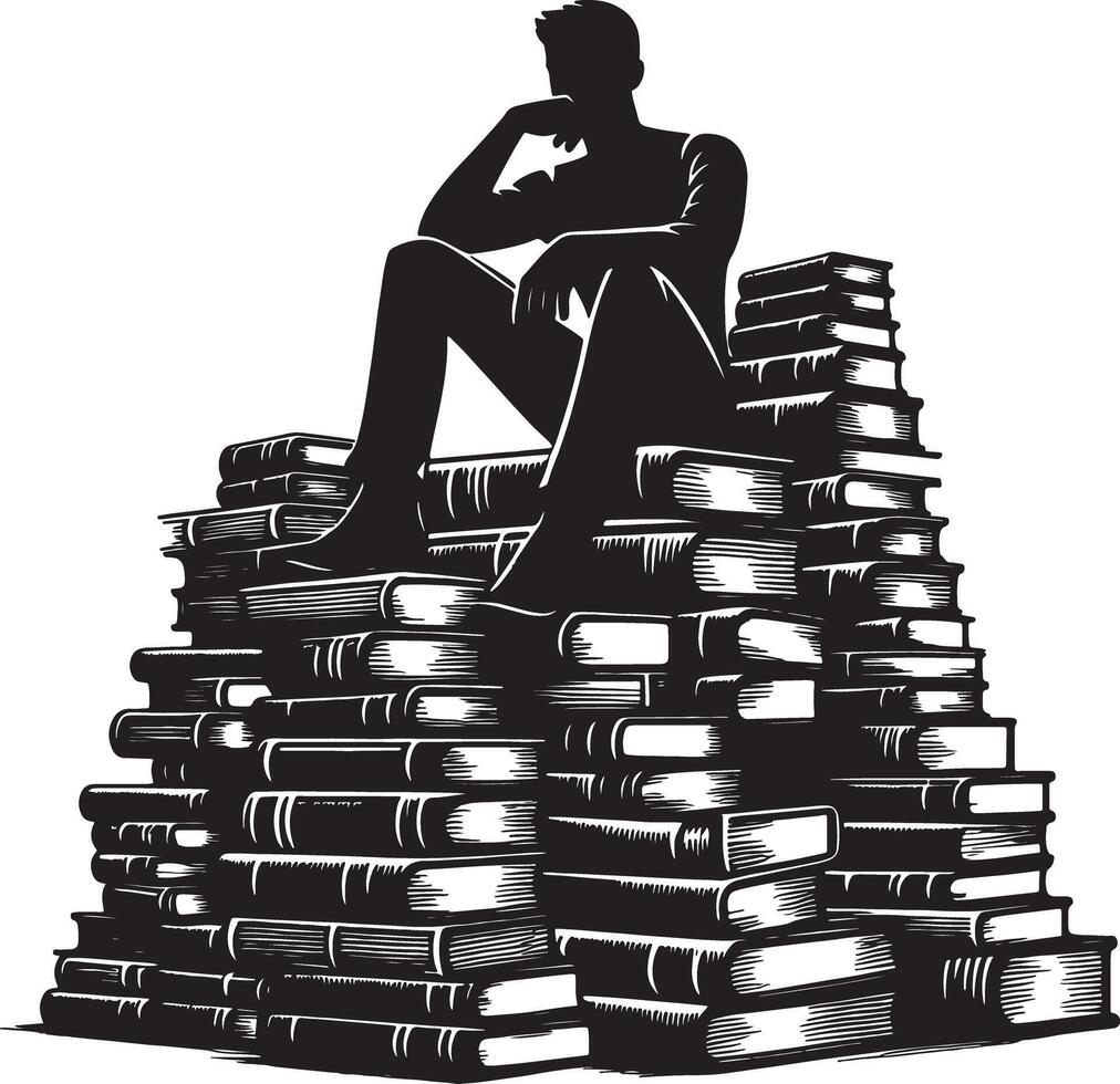 A silhouette of a man sitting atop a large stack of books in black and white style vector