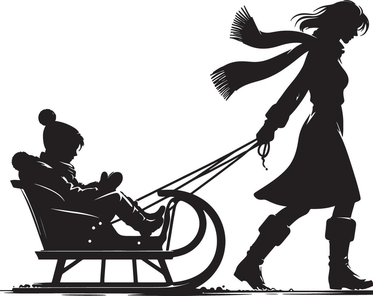 Silhouette of woman pulling child on a sled in winter against a white background vector