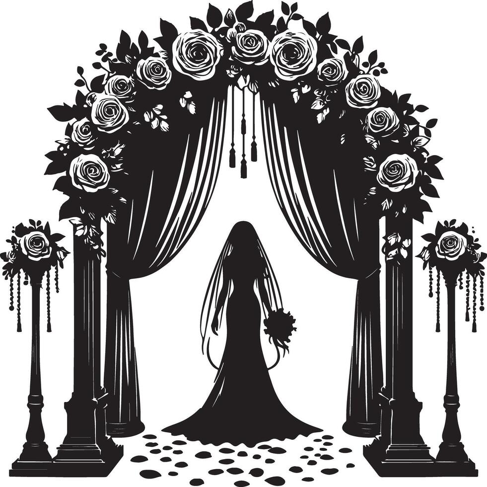 Silhouette of bride under floral archway with pillars and decorative rose stands art vector