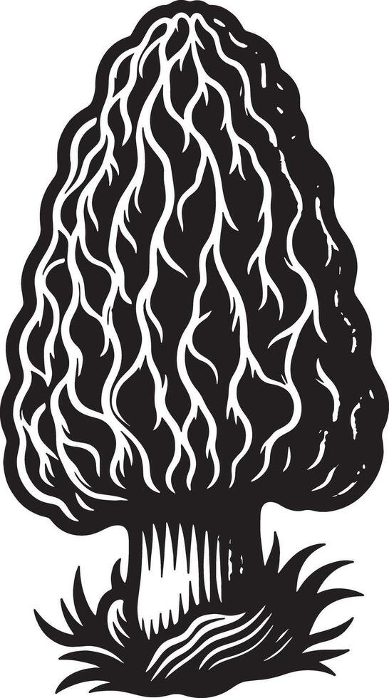 A black and white graphic illustration of a morel mushroom with grass at base vector