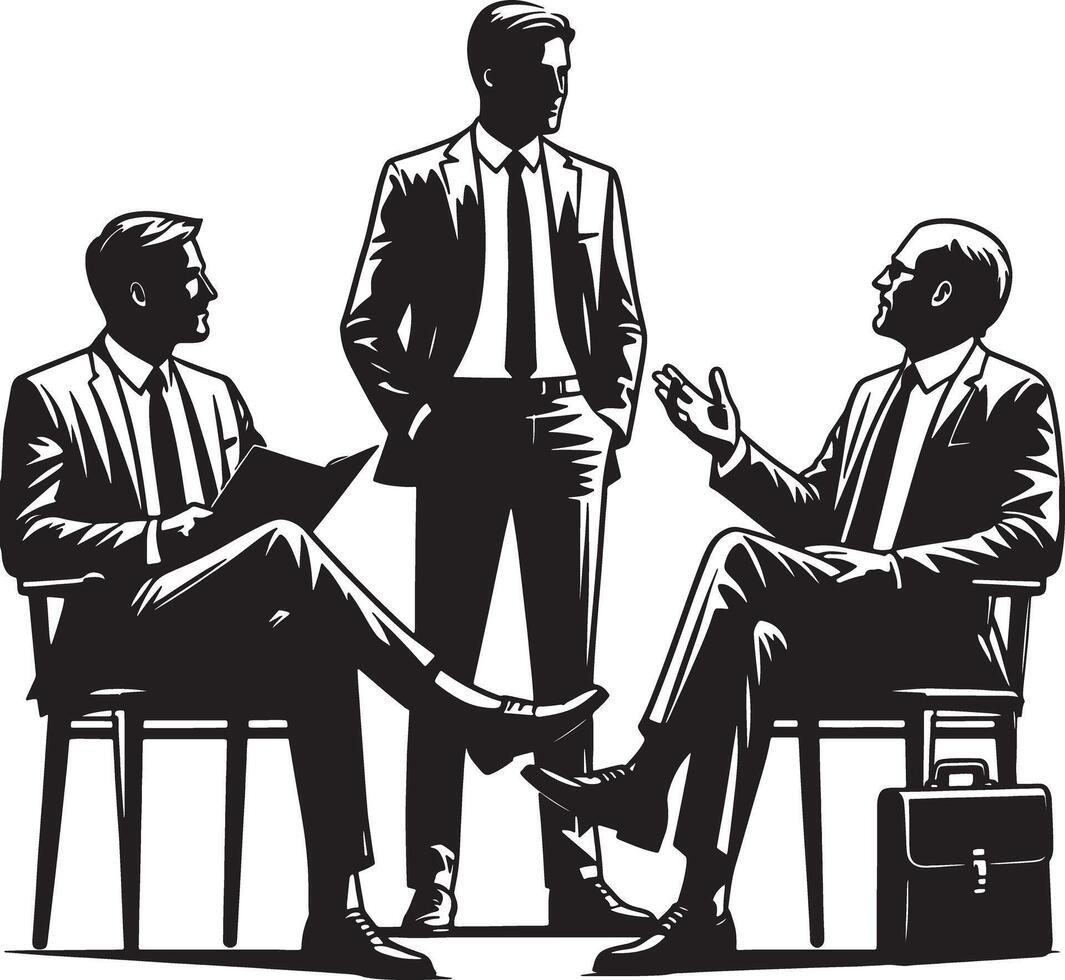 Three businessmen in suits discussing business strategy in a black and white image vector