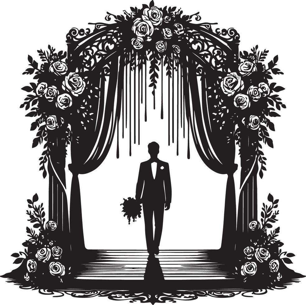 Silhouette of groom walking through floral wedding arch in black and white design vector