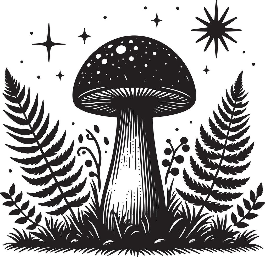 Black and white illustration of a mushroom with ferns and celestial elements around vector