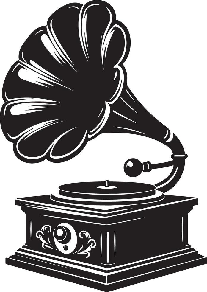 Illustration of a vintage gramophone with a decorative base in black and white art vector