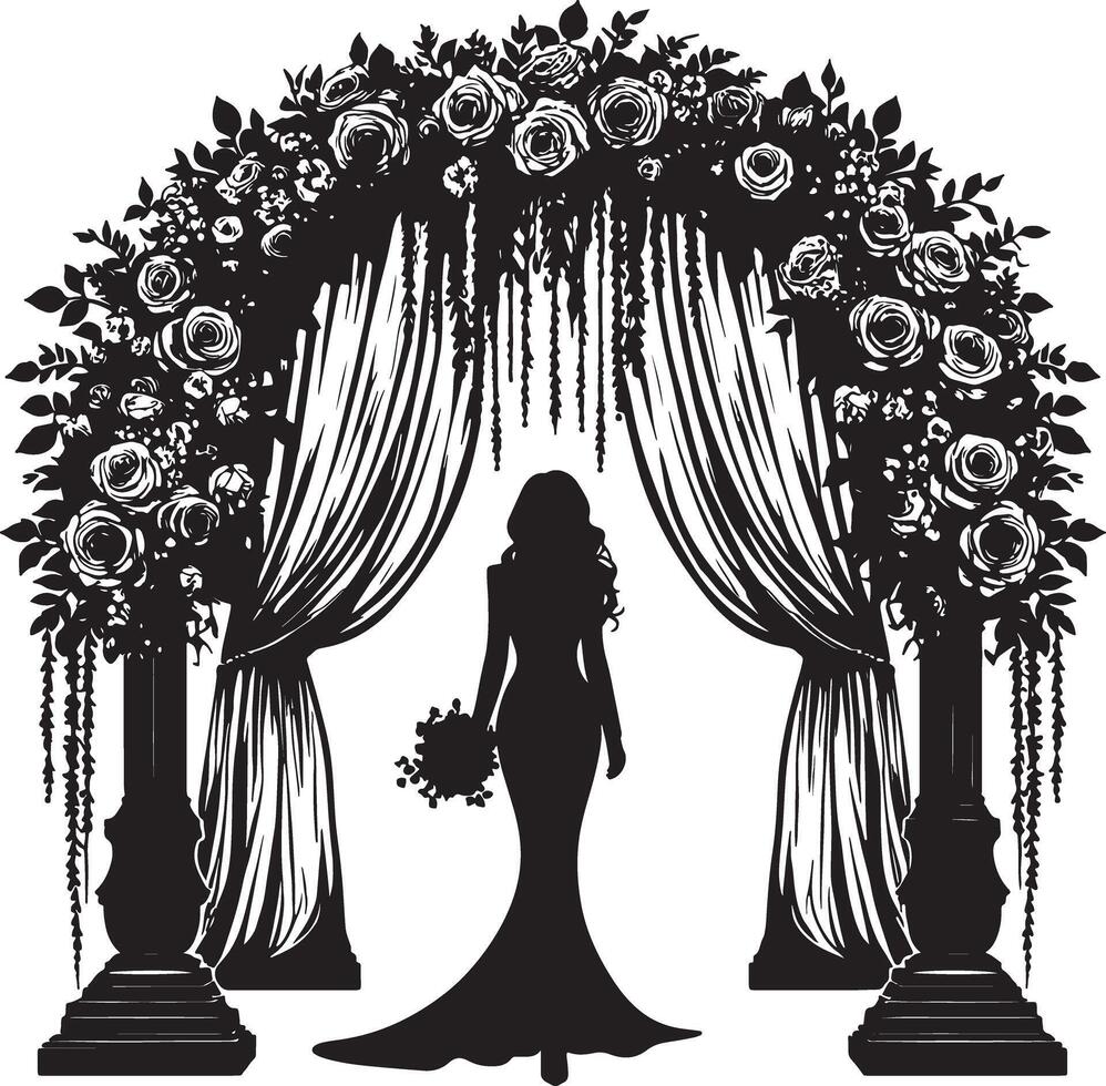 Silhouette of bride under floral archway with curtains and decorative columns art vector