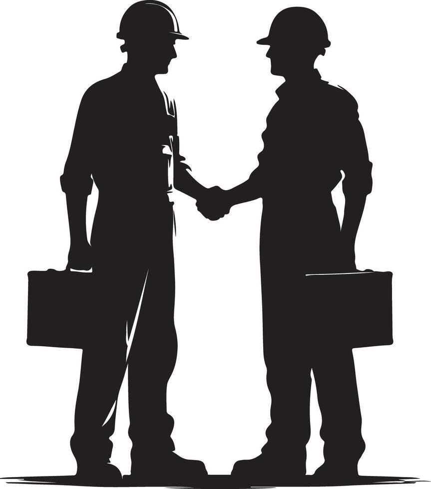 Silhouette of two construction workers in hard hats shaking hands and holding briefcases vector