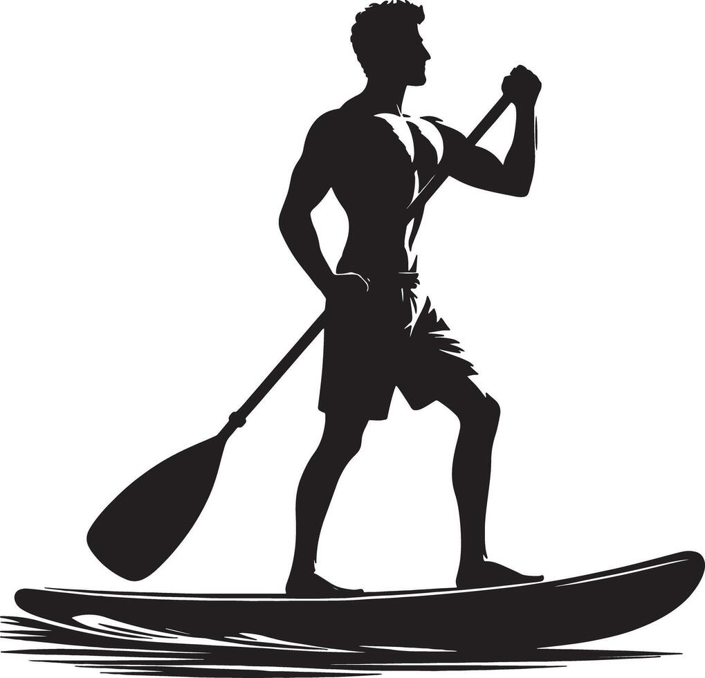 Silhouette of a muscular man paddleboarding on a board with a paddle in his hands vector