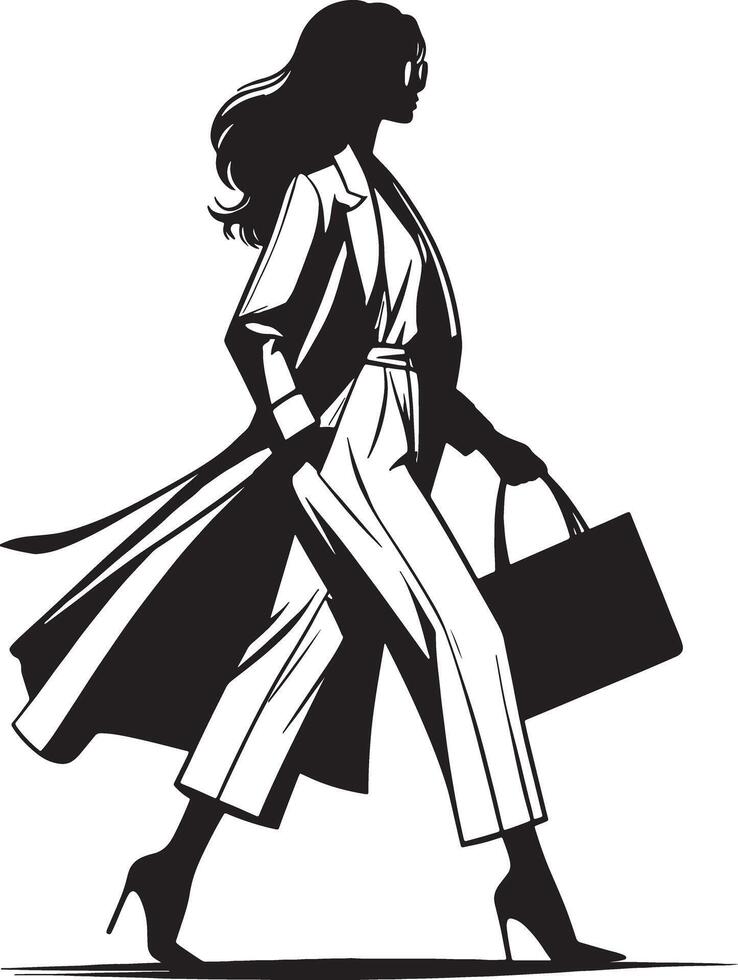 Silhouette of a stylish woman walking with a coat and shopping bag in black and white vector