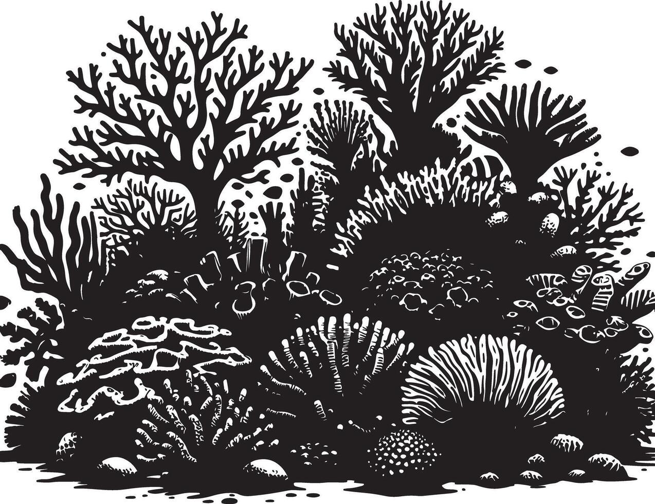A monochrome illustration showcasing a diverse coral reef ecosystem with tree silhouettes vector