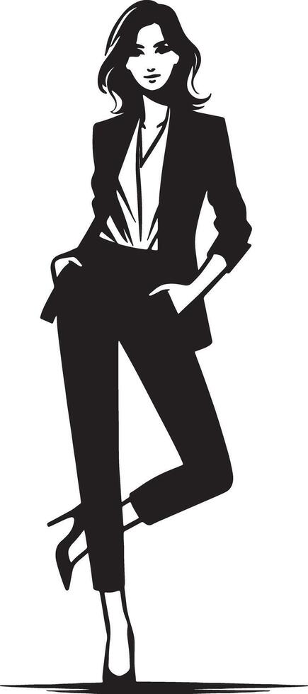 A black and white illustration of a woman in a suit standing with one leg bent up vector