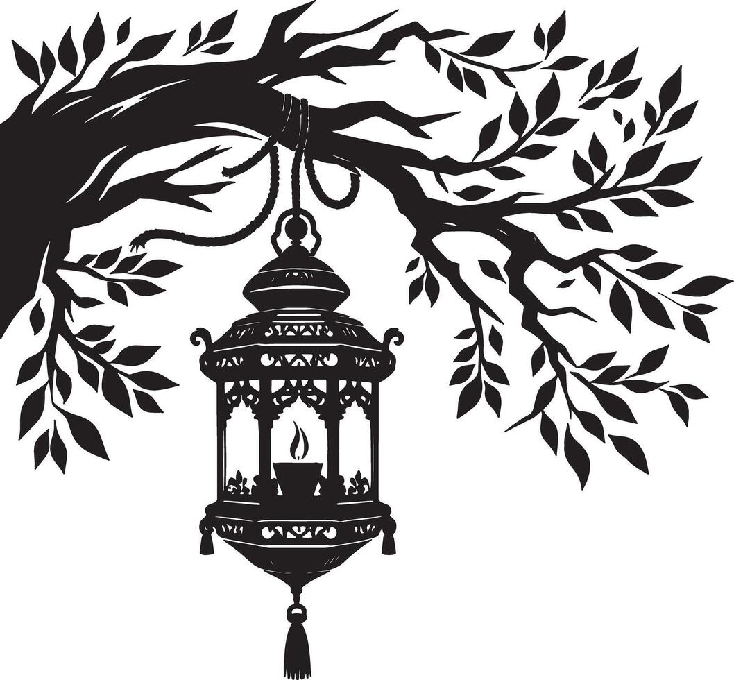 Silhouette of an ornate lantern hanging from a tree branch with leaves and a string vector