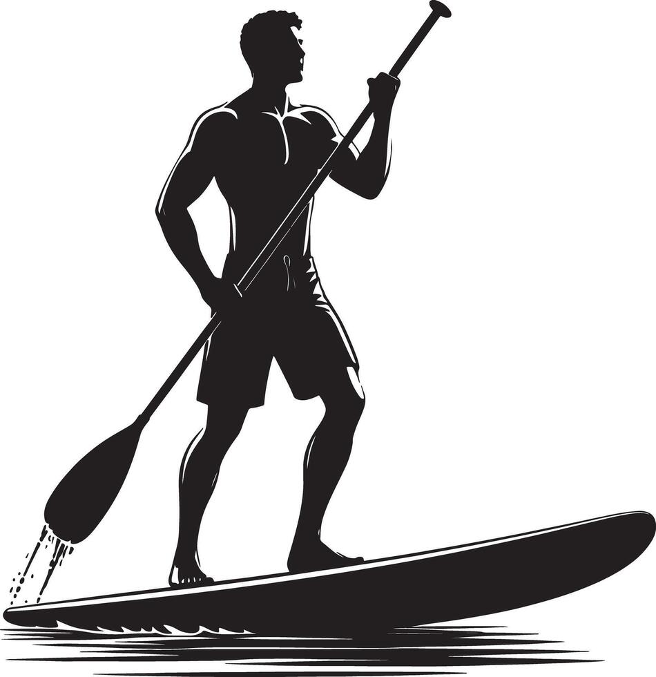 Silhouette of muscular man paddleboarding with paddle in black and white style art vector