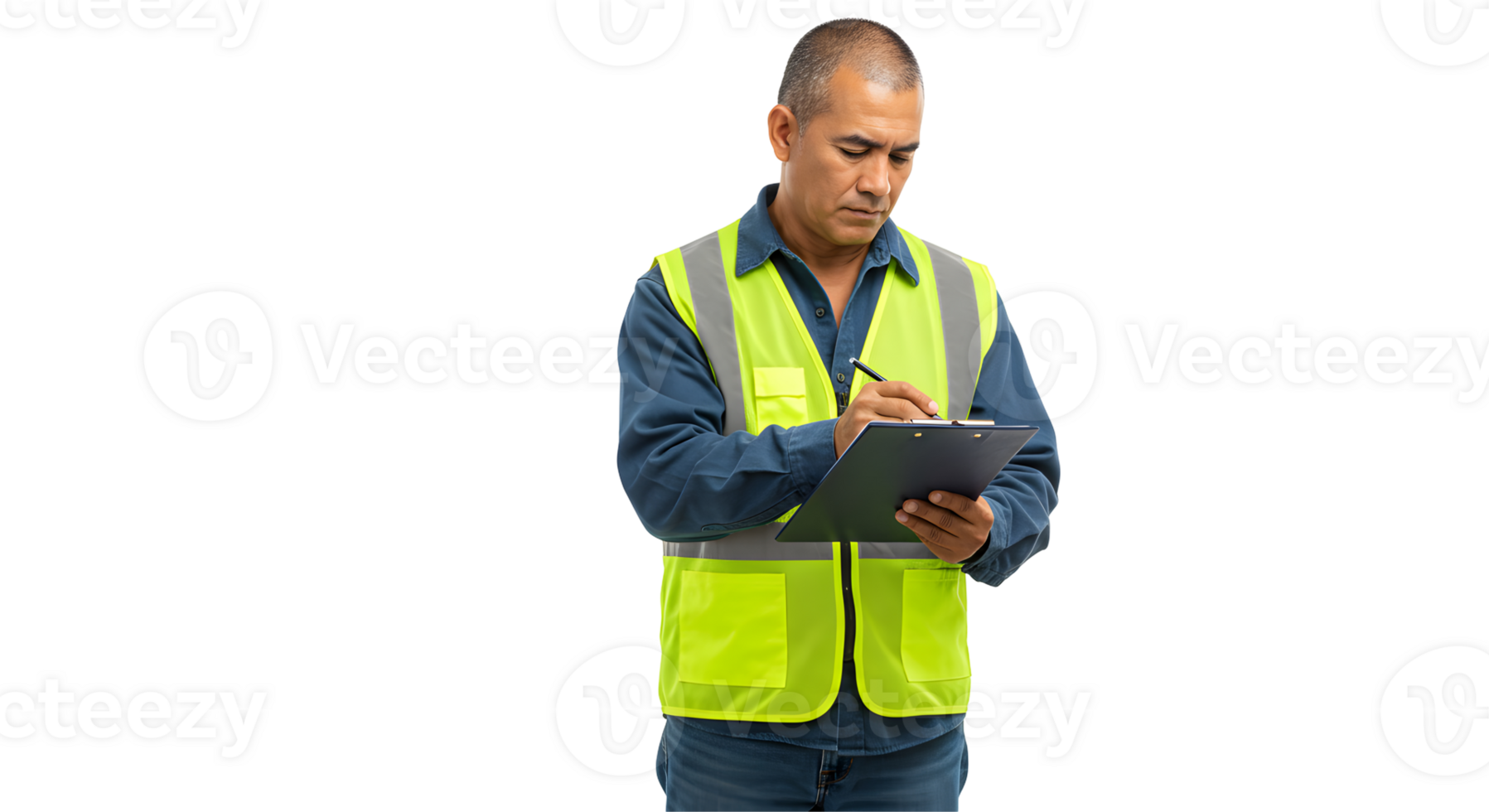 Focused Man in Safety Vest Writing on Clipboard png