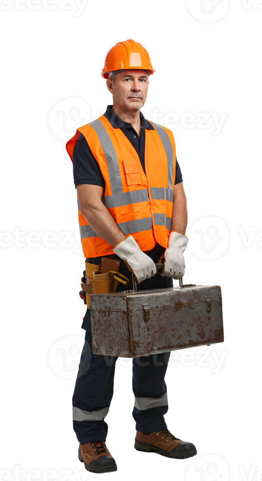 Portrait of a Construction Worker in Orange Vest and Helmet Holding a Toolbox png