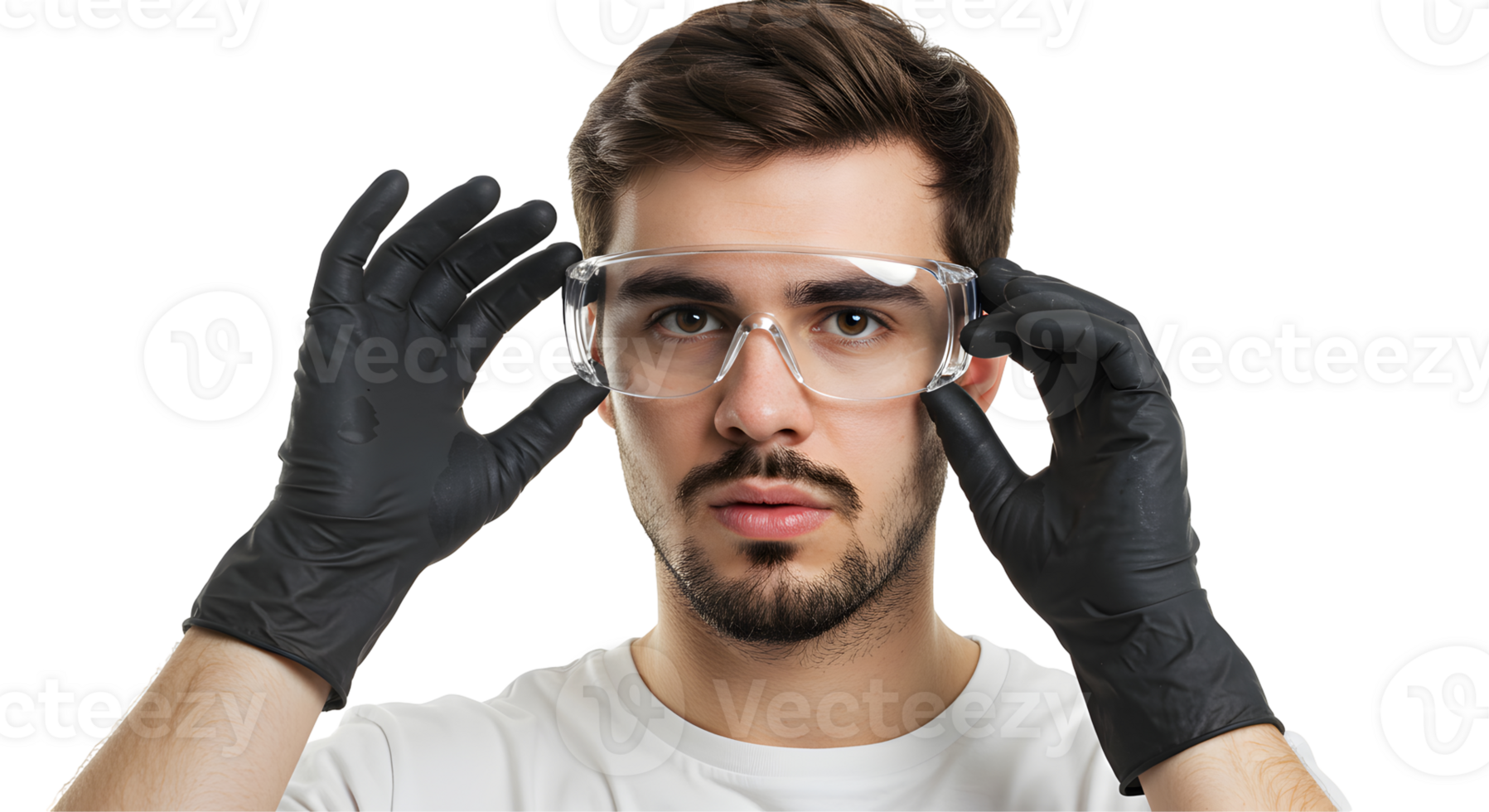 Portrait of a Man Adjusting Safety Glasses While Wearing Black Protective Gloves png