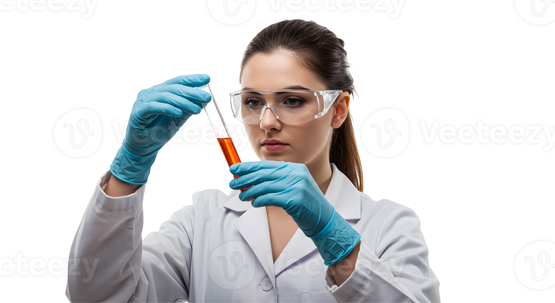 Focused Female Scientist in Lab Coat Examining Orange Liquid in Test Tube png