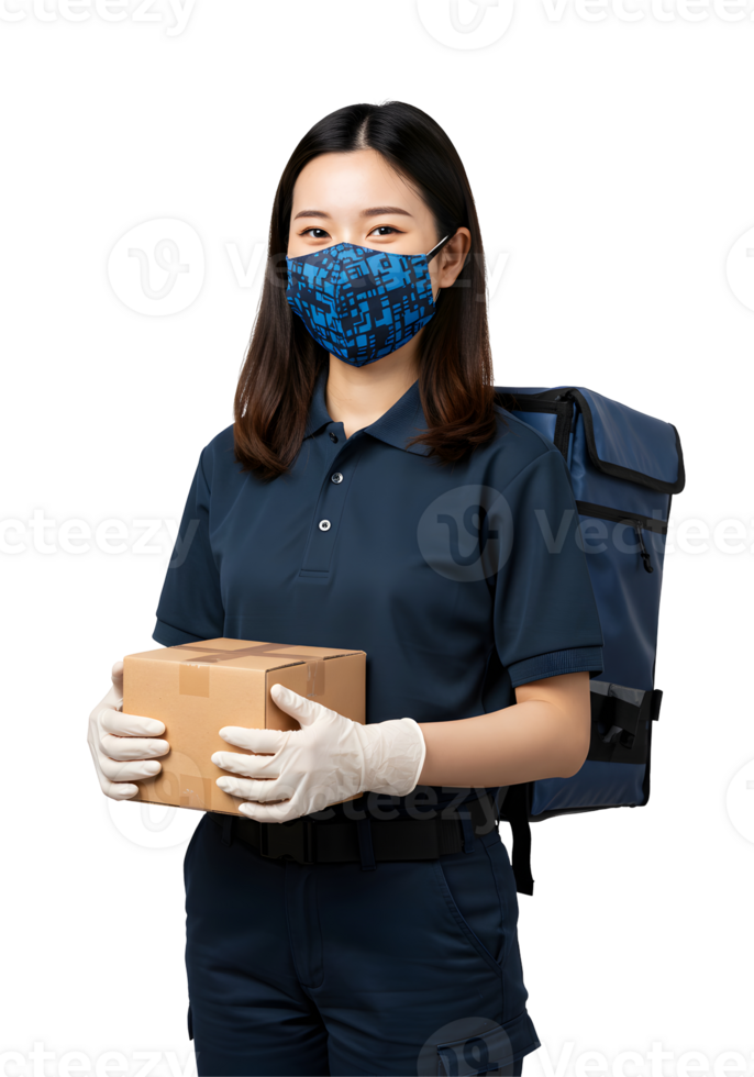 Portrait of a Young Woman in a Blue Delivery Uniform Carrying a Package png
