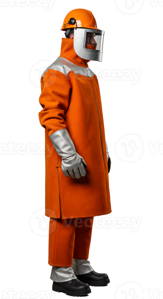 Man in Orange Protective Suit with Helmet and Face Shield png