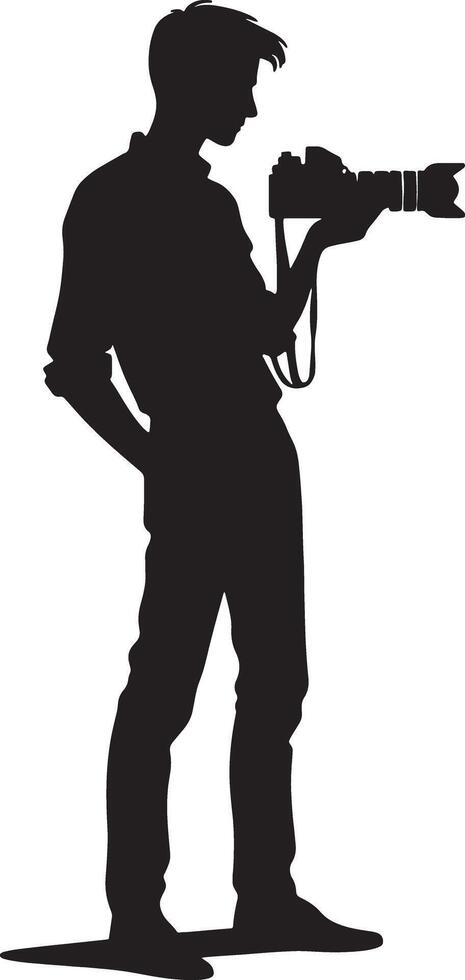 Silhouette of a man standing with a camera in his hand against a white background vector