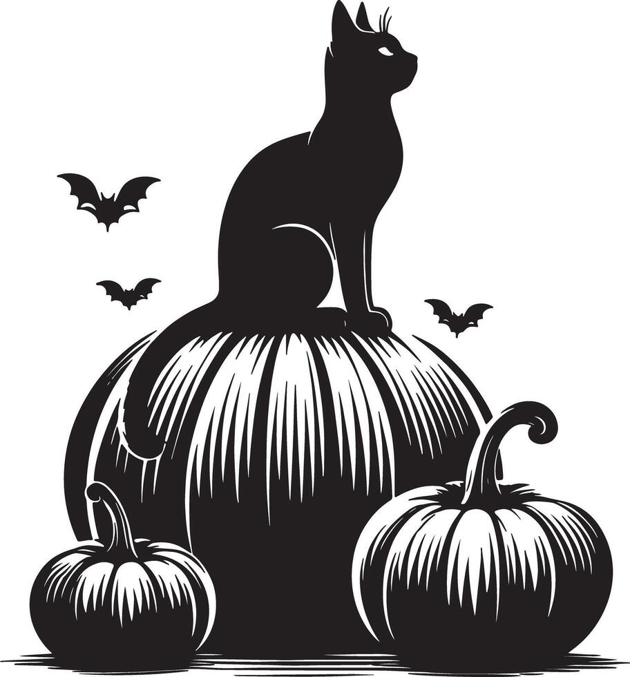 A black cat perched atop a large pumpkin with bats flying around in a halloween scene vector