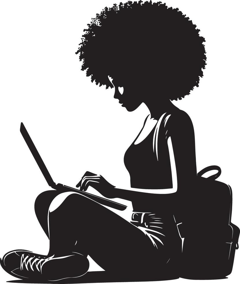 Silhouette of a woman with afro sitting cross legged using laptop with backpack near her vector