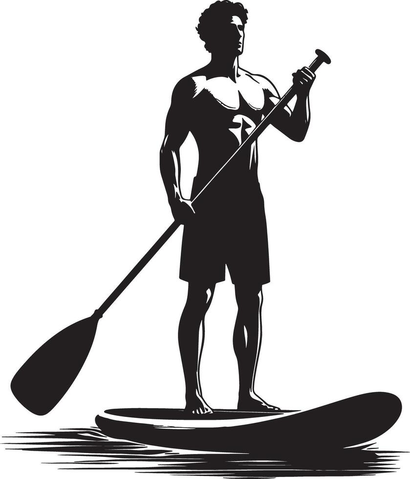 Silhouette of muscular man paddleboarding with paddle on water in black and white art vector