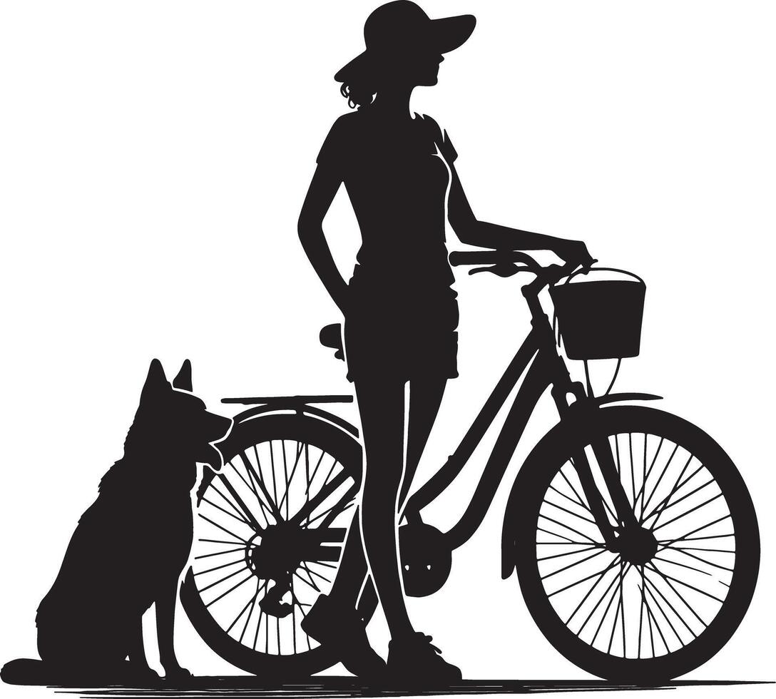 Silhouette of woman with hat and dog next to bicycle with basket in black and white vector