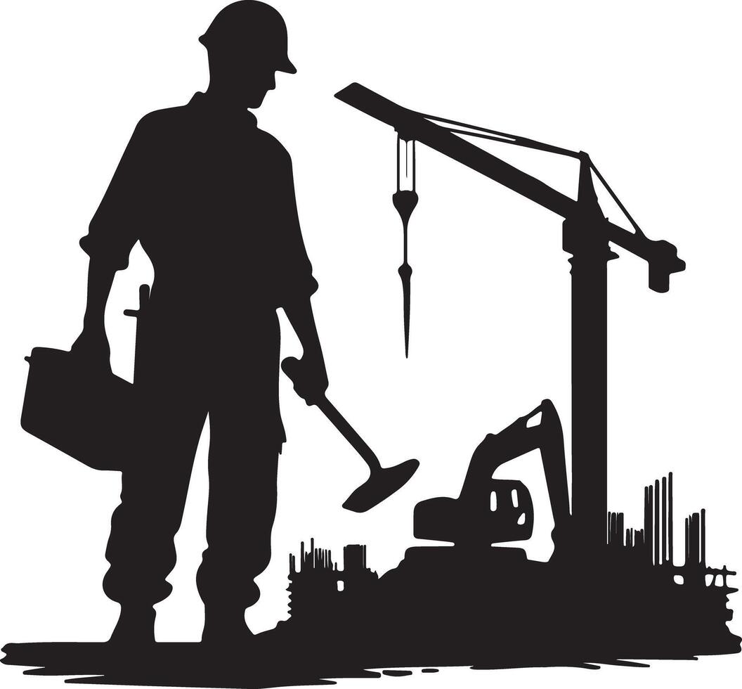 Silhouette of construction worker with tools and construction site in background vector